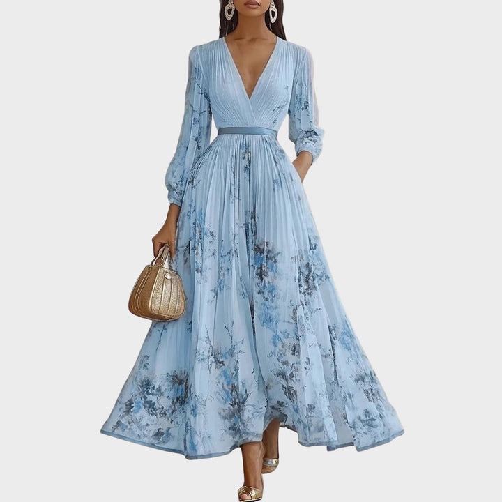 Alexia | Elegant Plisseret Maxi V-Hals Kjole