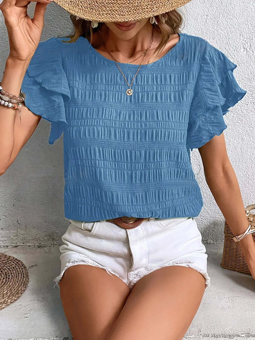 Annabel | Ruffle-ærmet Tekstureret Bluse
