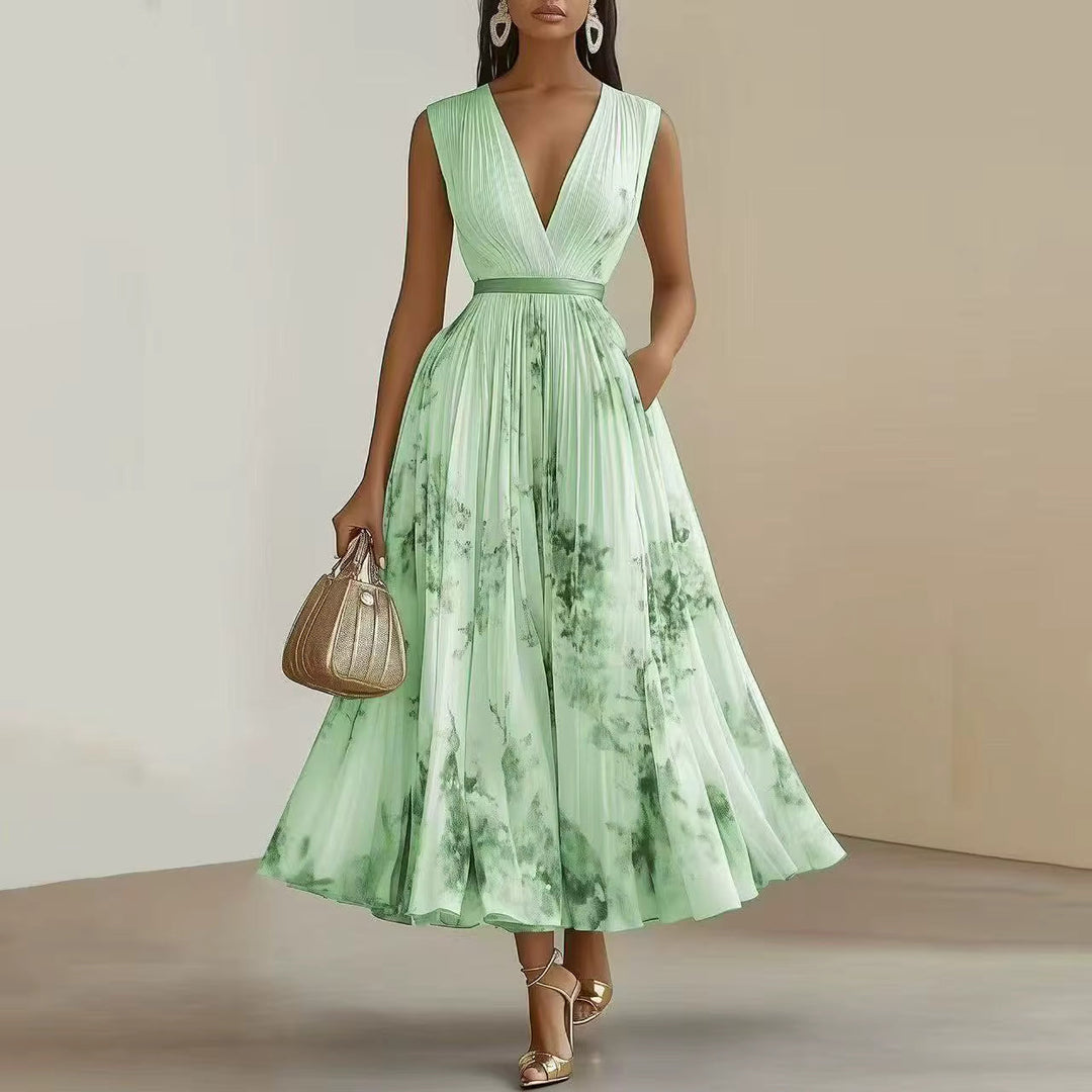 Alexia | Elegant Plisseret Maxi V-Hals Kjole