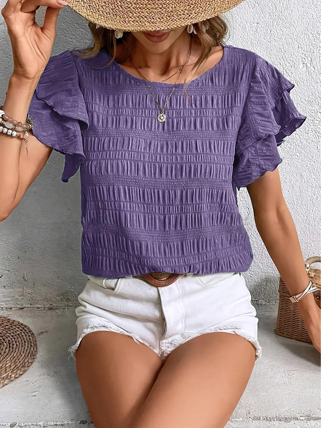 Annabel | Ruffle-ærmet Tekstureret Bluse