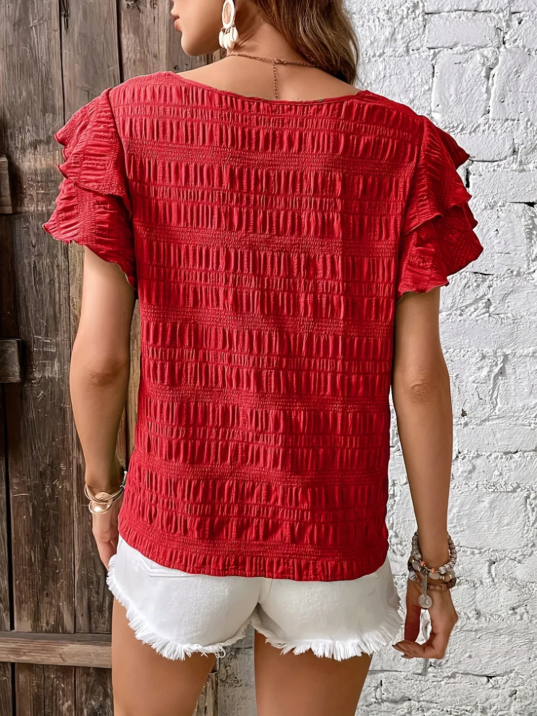Annabel | Ruffle-ærmet Tekstureret Bluse