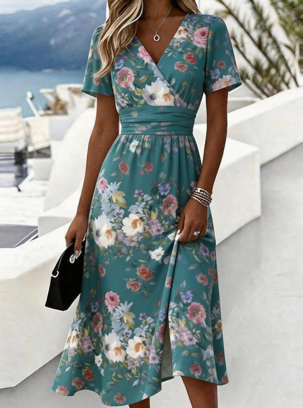 Gwendolyn | Elegant Blomstret Wrap Midi Kjole