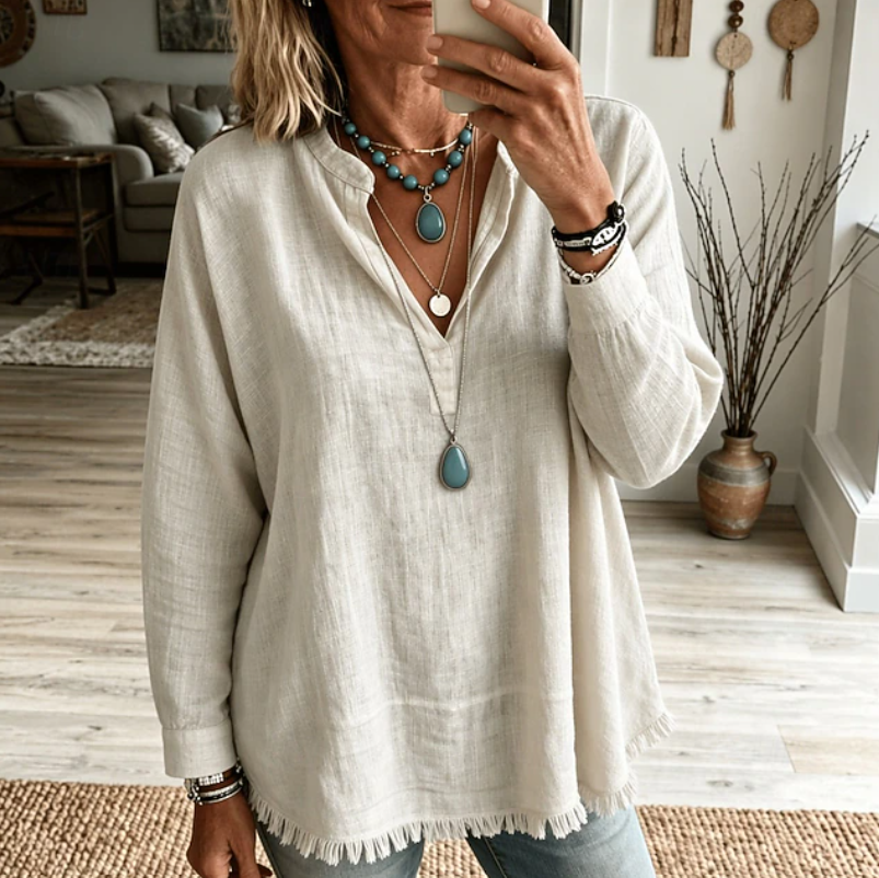 Olive | Afslappet V-Hals Tunika Bluse