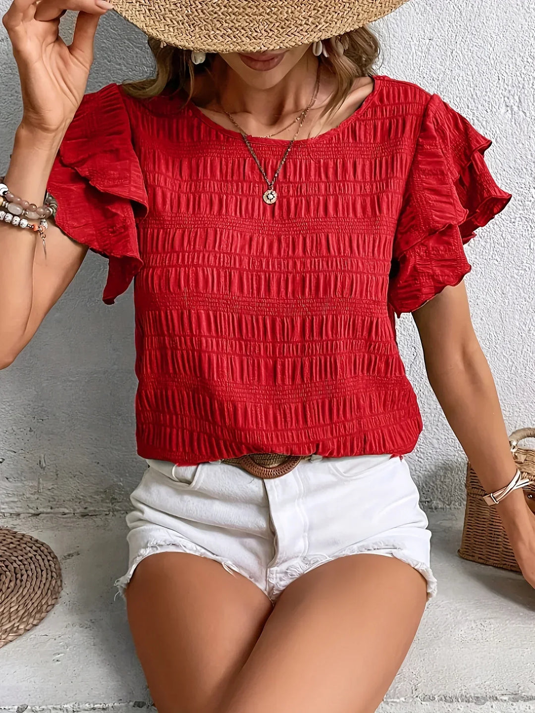 Annabel | Ruffle-ærmet Tekstureret Bluse