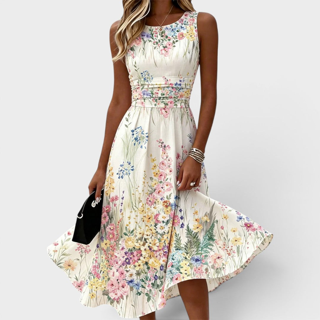 Marielle | Ærmeløs Blomster Midi Kjole