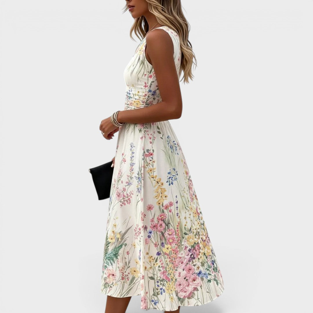 Marielle | Ærmeløs Blomster Midi Kjole