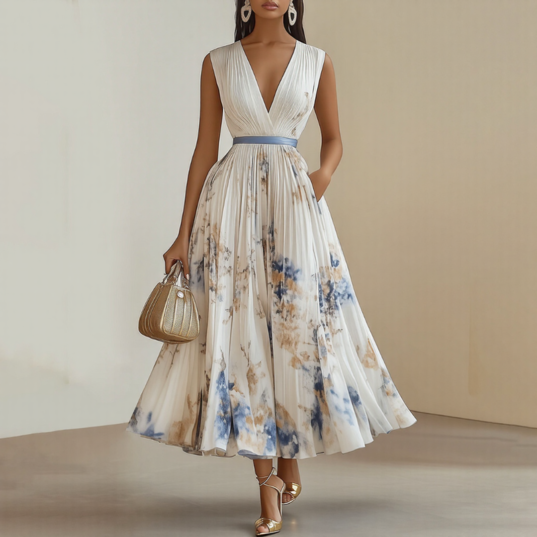 Alexia | Elegant Plisseret Maxi V-Hals Kjole