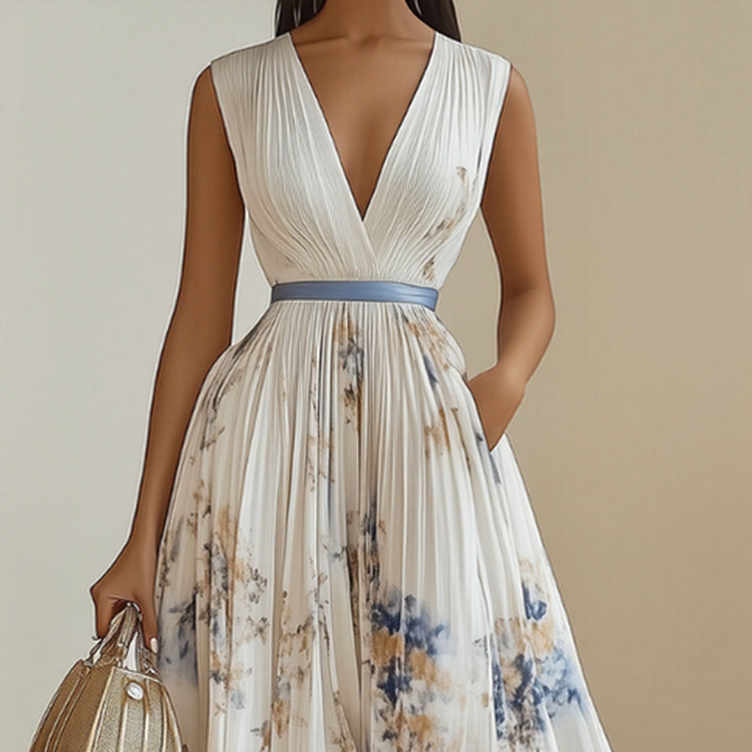 Alexia | Elegant Plisseret Maxi V-Hals Kjole