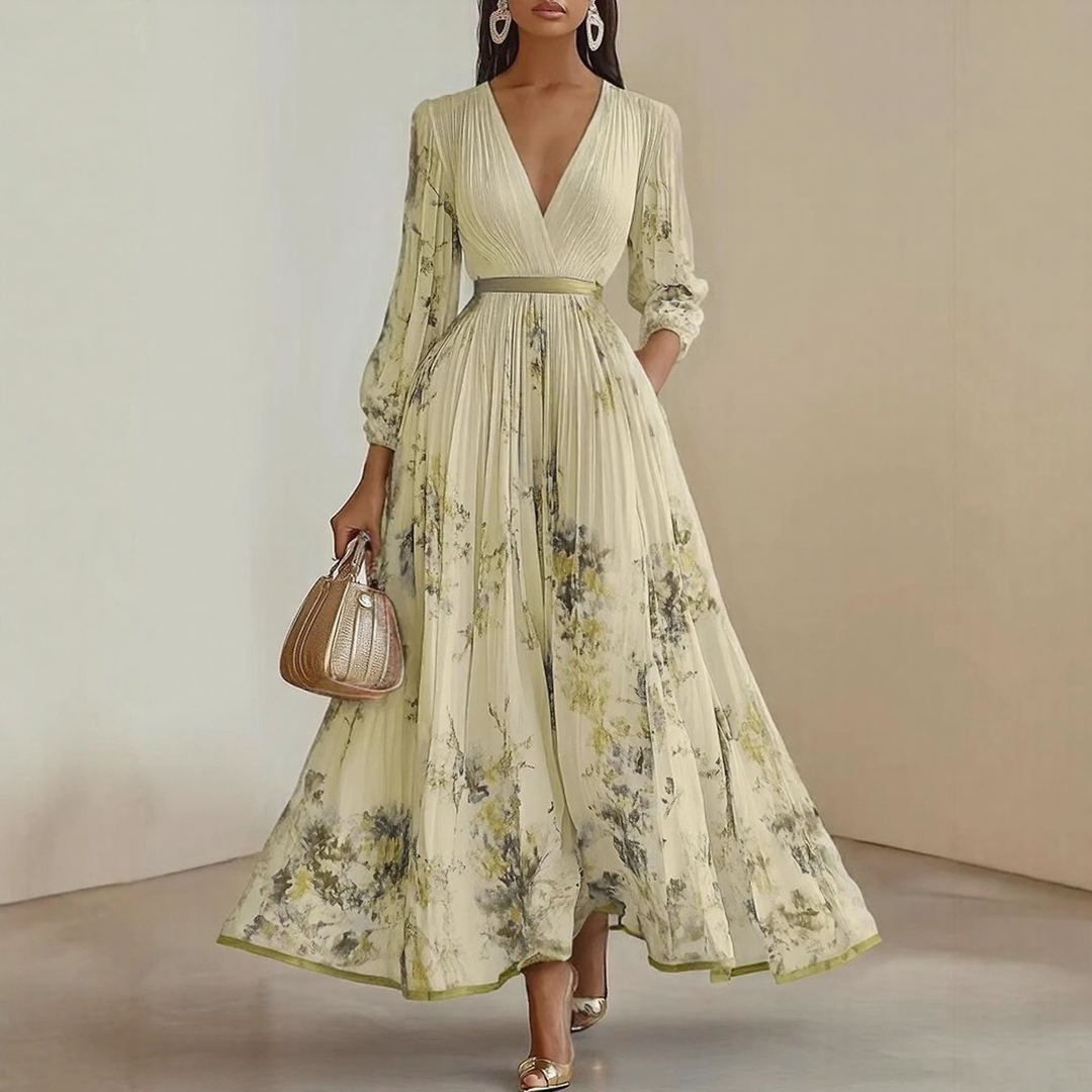 Alexia | Elegant Plisseret Maxi V-Hals Kjole