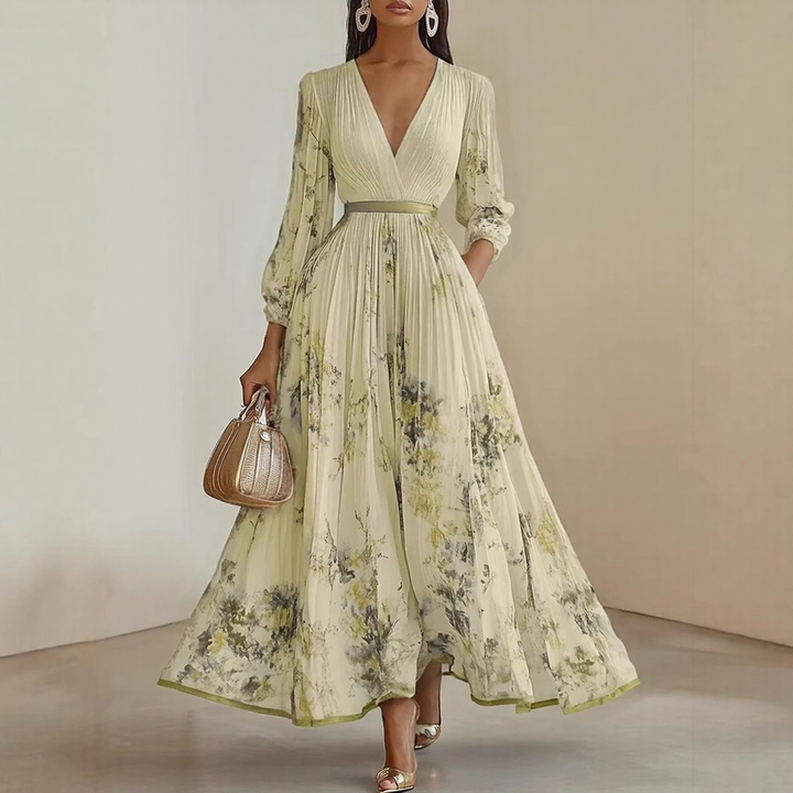 Alexia | Elegant Plisseret Maxi V-Hals Kjole