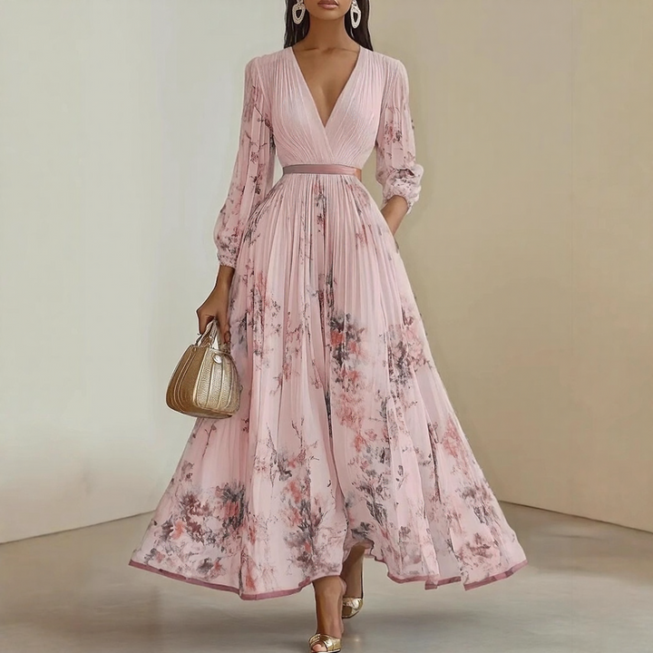 Alexia | Elegant Plisseret Maxi V-Hals Kjole