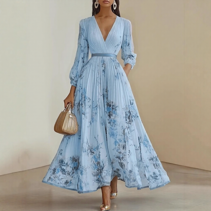 Alexia | Elegant Plisseret Maxi V-Hals Kjole