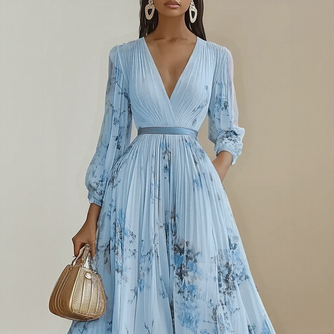 Alexia | Elegant Plisseret Maxi V-Hals Kjole