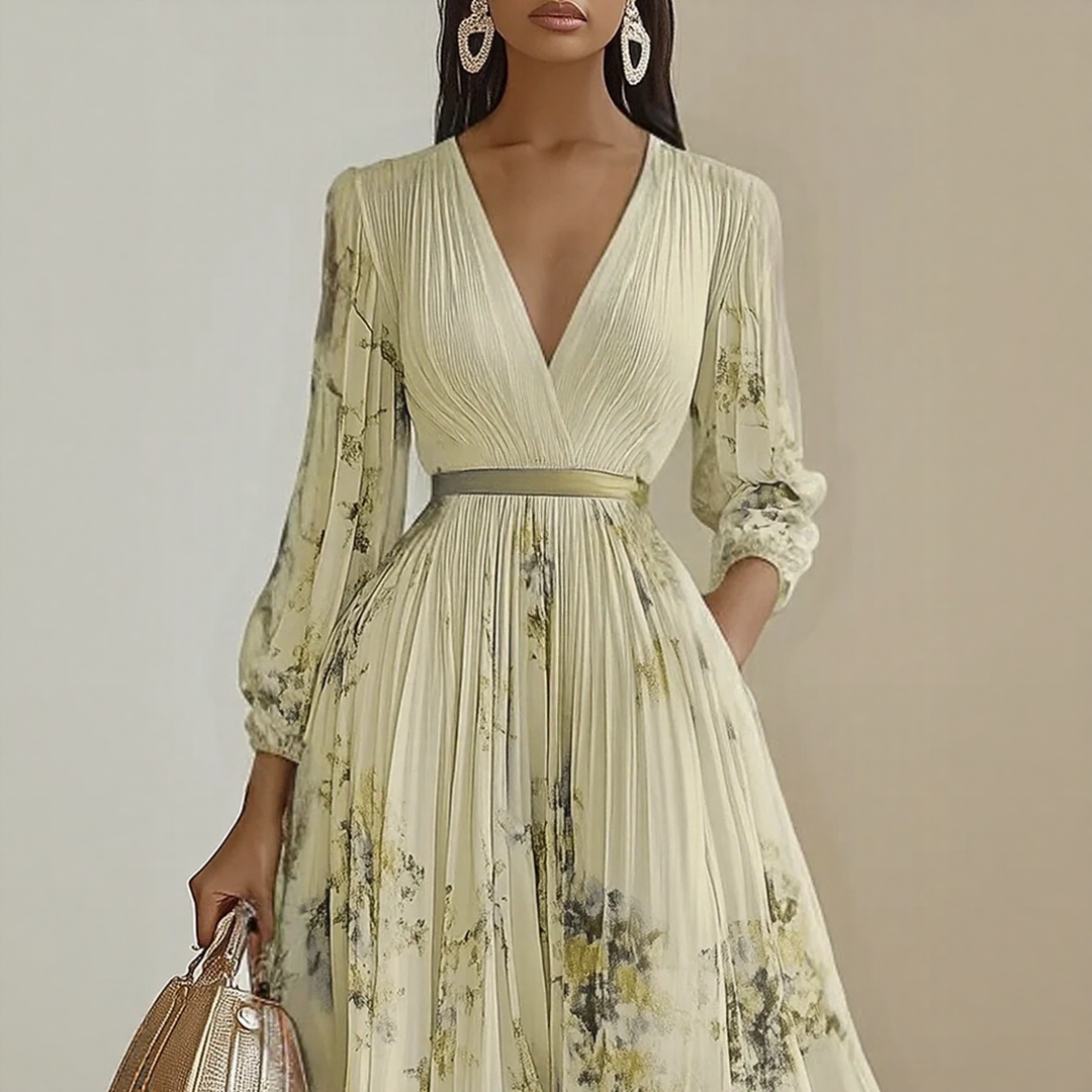 Alexia | Elegant Plisseret Maxi V-Hals Kjole