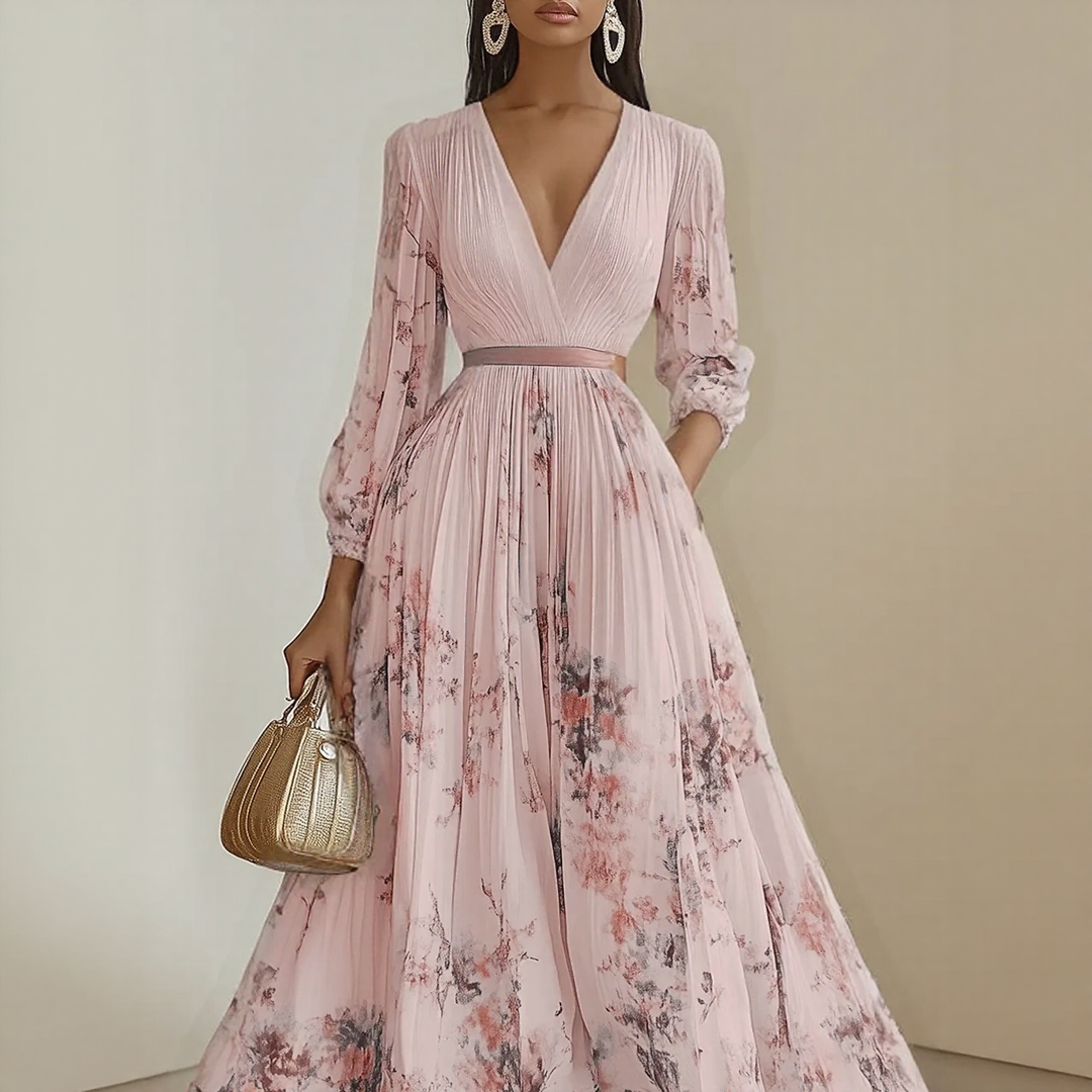 Alexia | Elegant Plisseret Maxi V-Hals Kjole