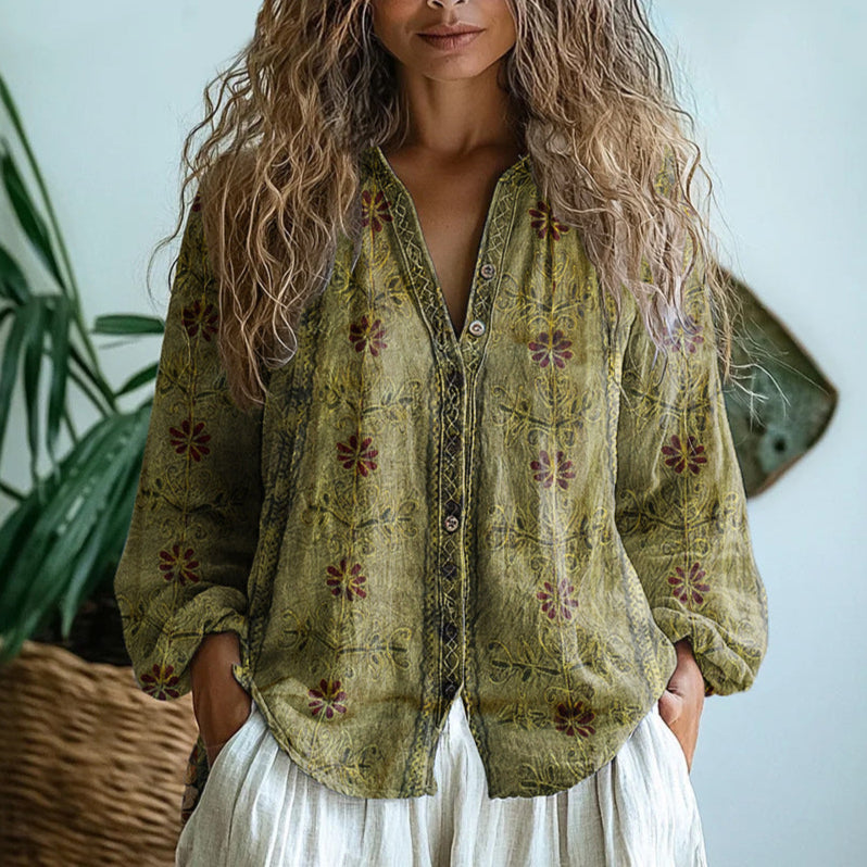 Brianna | Elegant Vintage Bladtryk Skjorte