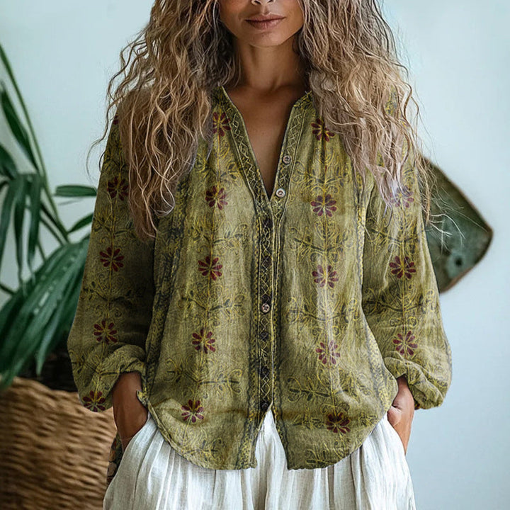 Brianna | Elegant Vintage Bladtryk Skjorte