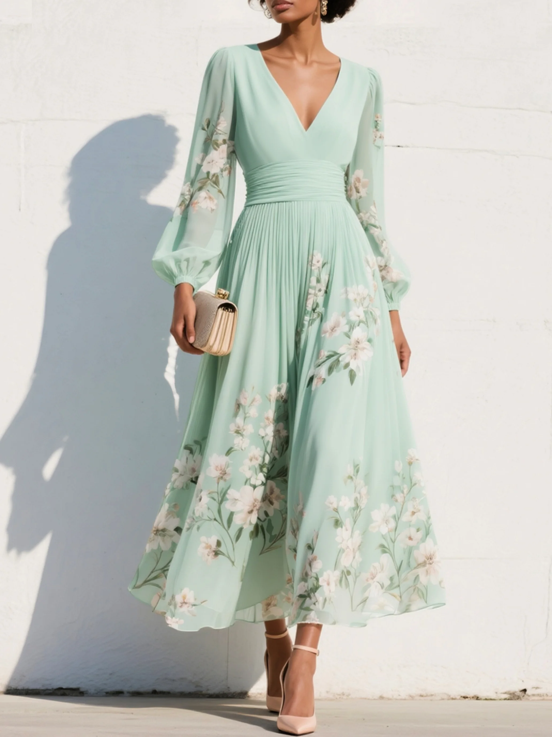 Monroe | V-Hals Chiffon Blomster Midi Kjole