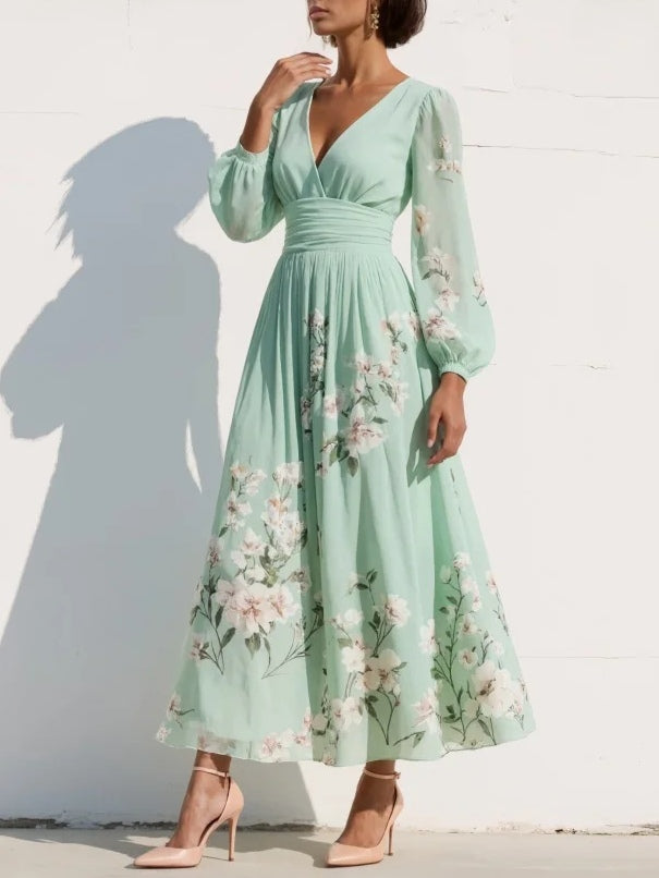Monroe | V-Hals Chiffon Blomster Midi Kjole
