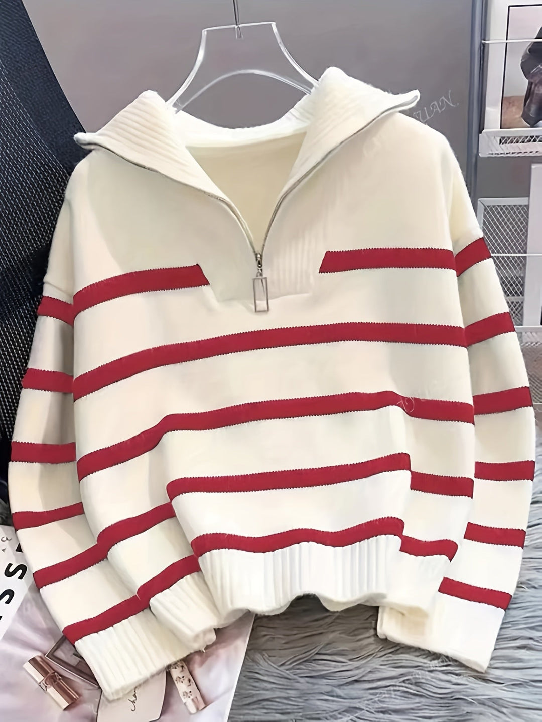 Sabina | Stribet Quarter-Zip Sweater