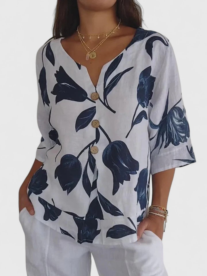 Fleur | Afslappet Blomstret V-Hals Bluse