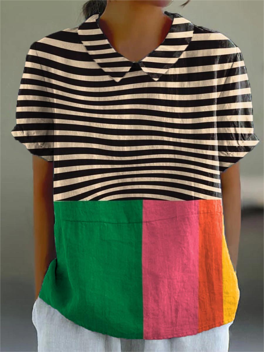 Freya | Stilfuld T-shirt med Vovede Striber og Farveblok