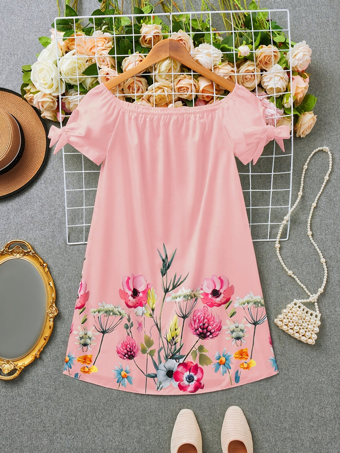 Gemma | Off-Shoulder Blomstret Sløjfekjole