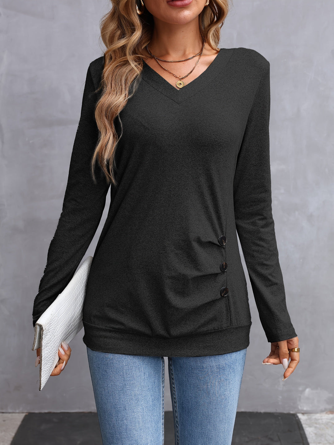 Kathryn | Side-Button V-Hals Langærmet Top