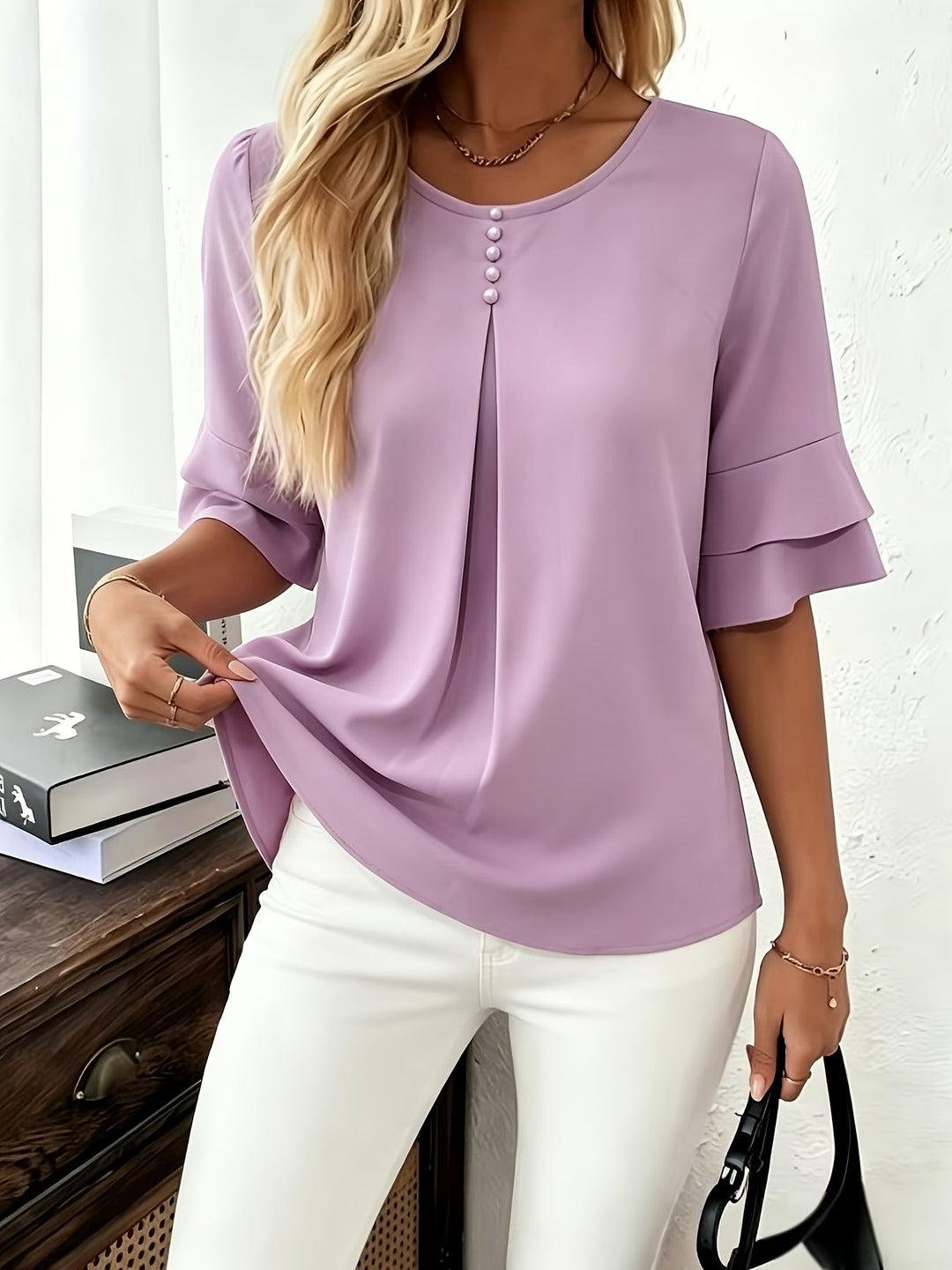 Karen | Bluse med Flared-ærmer og Plisseringer