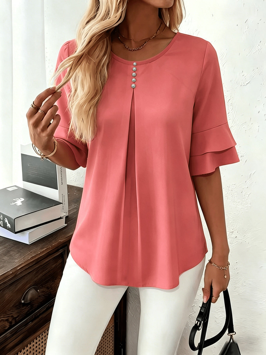 Karen | Bluse med Flared-ærmer og Plisseringer