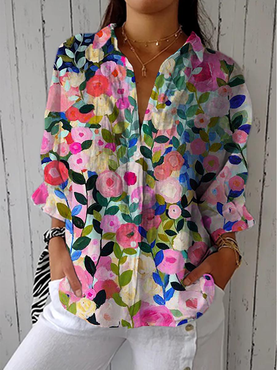 Louise | Stilfuld Blomstret Lærred Bluse