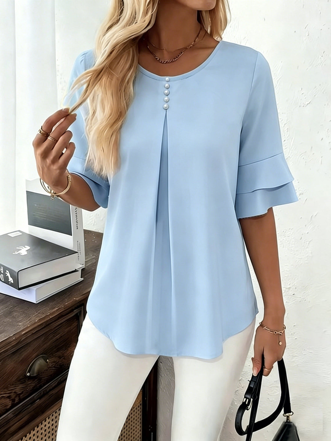 Karen | Bluse med Flared-ærmer og Plisseringer