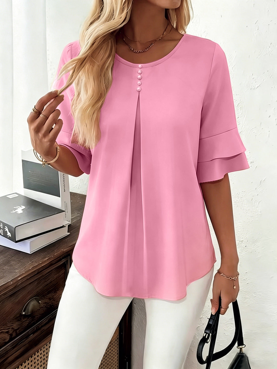 Karen | Bluse med Flared-ærmer og Plisseringer