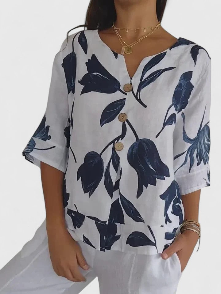 Fleur | Afslappet Blomstret V-Hals Bluse