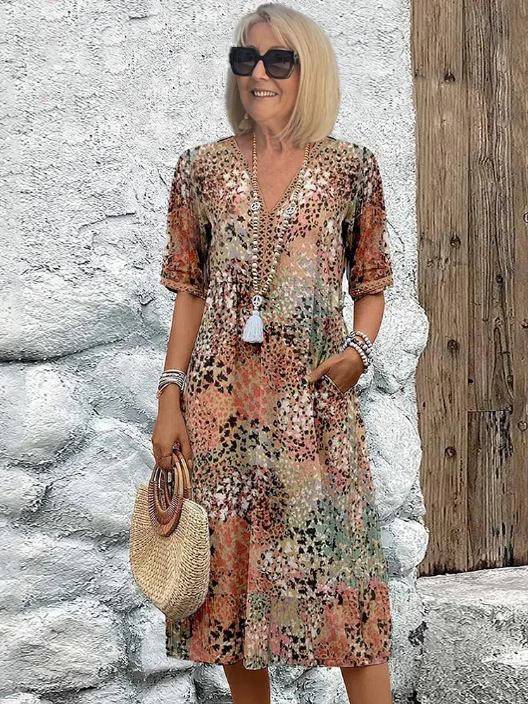 Natalie | Livlig Mønster Midi Kjole