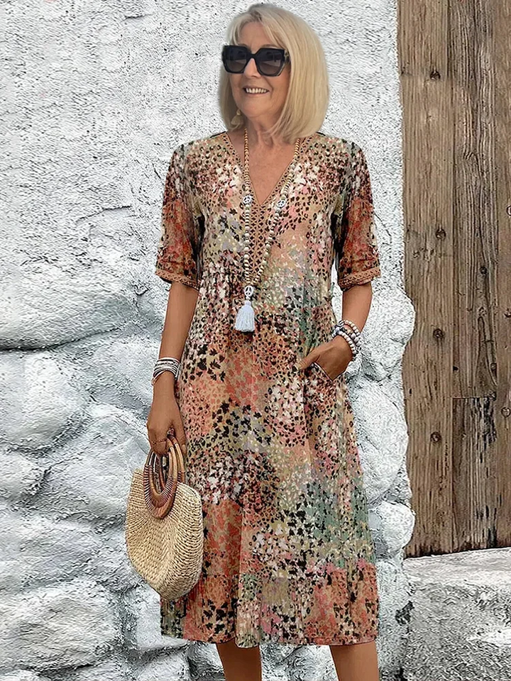 Natalie | Livlig Mønster Midi Kjole