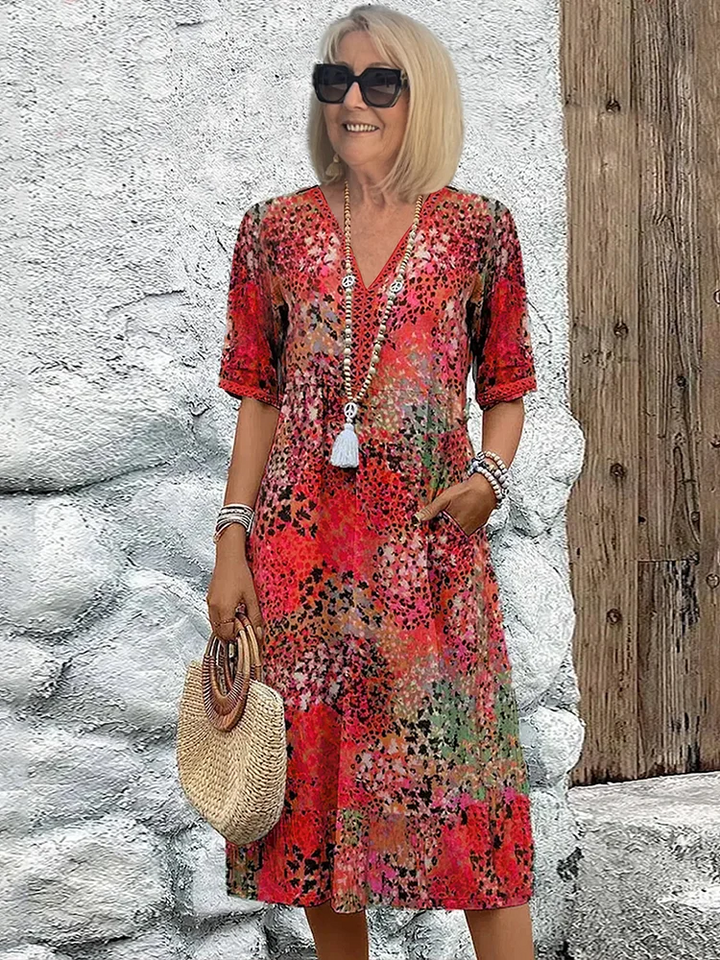 Natalie | Livlig Mønster Midi Kjole