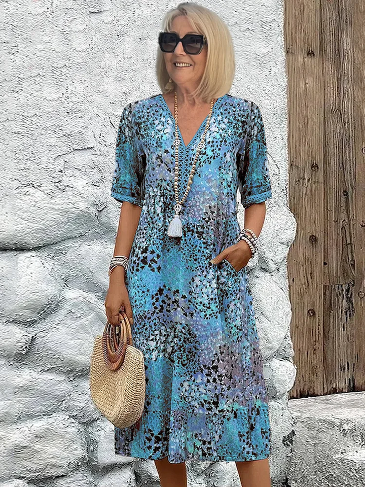 Natalie | Livlig Mønster Midi Kjole