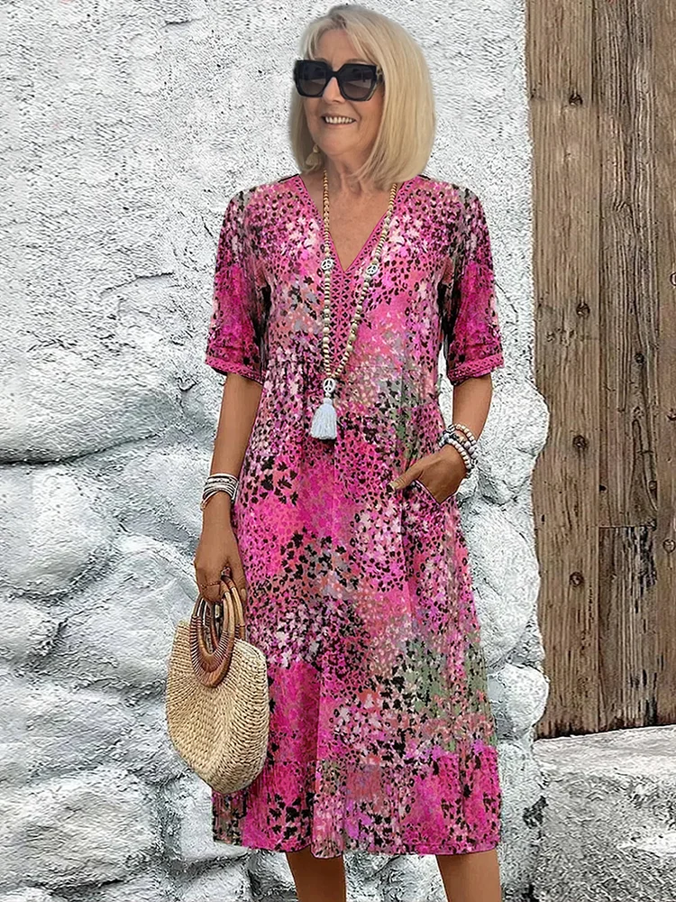 Natalie | Livlig Mønster Midi Kjole