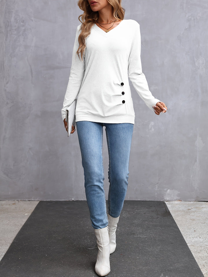 Kathryn | Side-Button V-Hals Langærmet Top