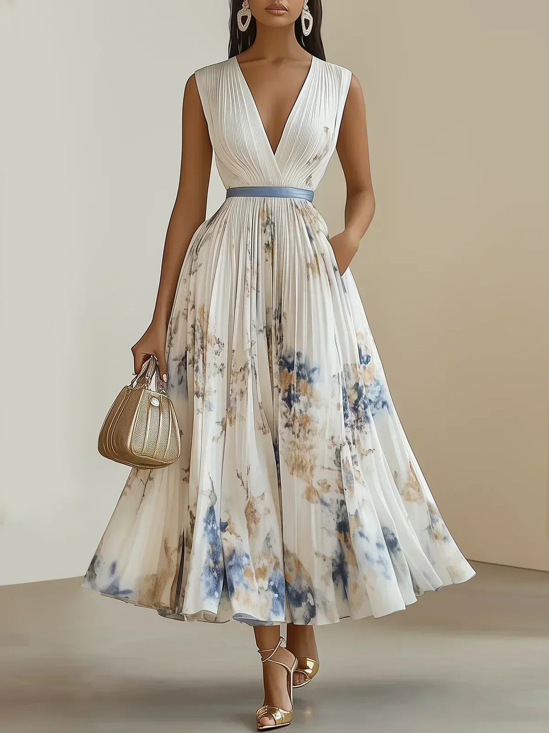 Betty | Elegant Ærmeløs Lang V-Hals Kjole