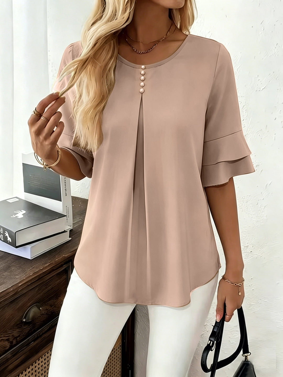 Karen | Bluse med Flared-ærmer og Plisseringer
