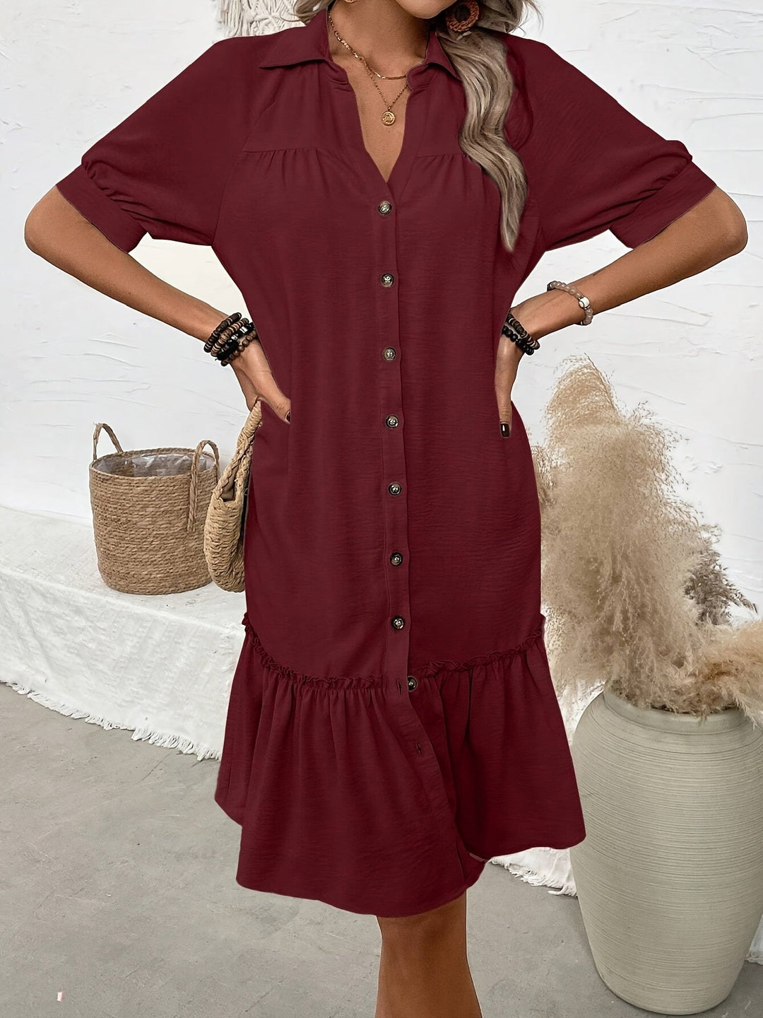 Maevelle | Knapdetaljeret Boho Midi Kjole