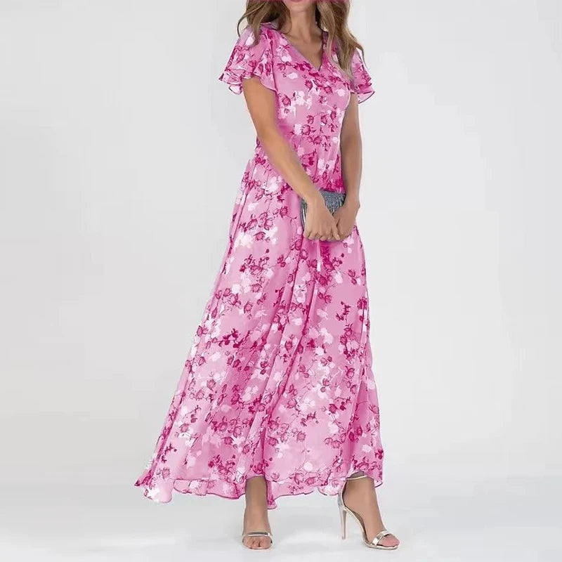 Lilia | Elegant Floral Kjole med Korte Ærmer
