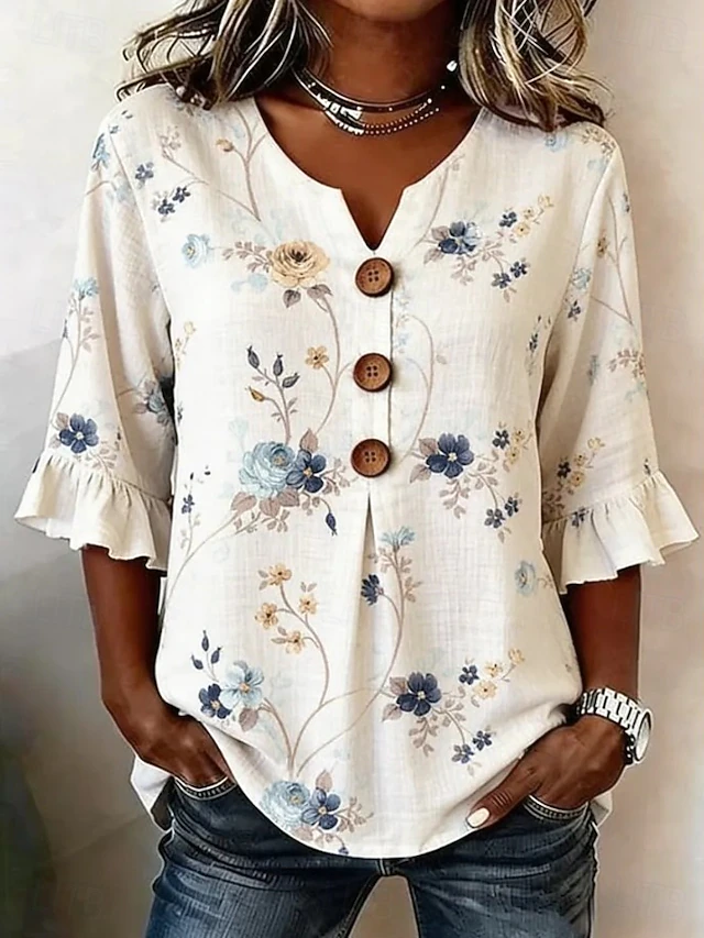 Vivian | Blomstret Stribet V-Hals Bluse