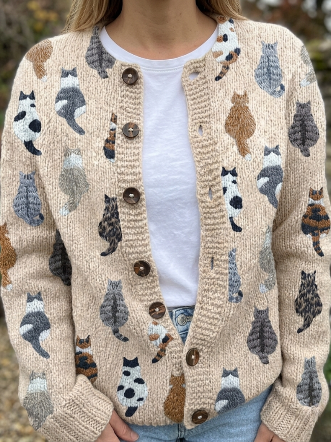 Teresa | Stilfuld Blød Katte Mønster Cardigan