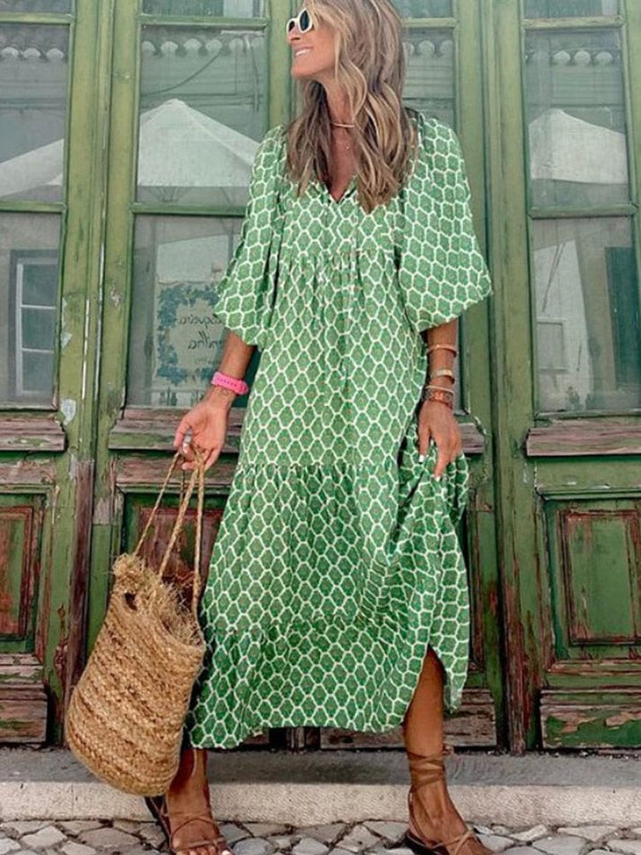 Arlette | Elegant Kjole med Bred Ærme og V-Udskæring