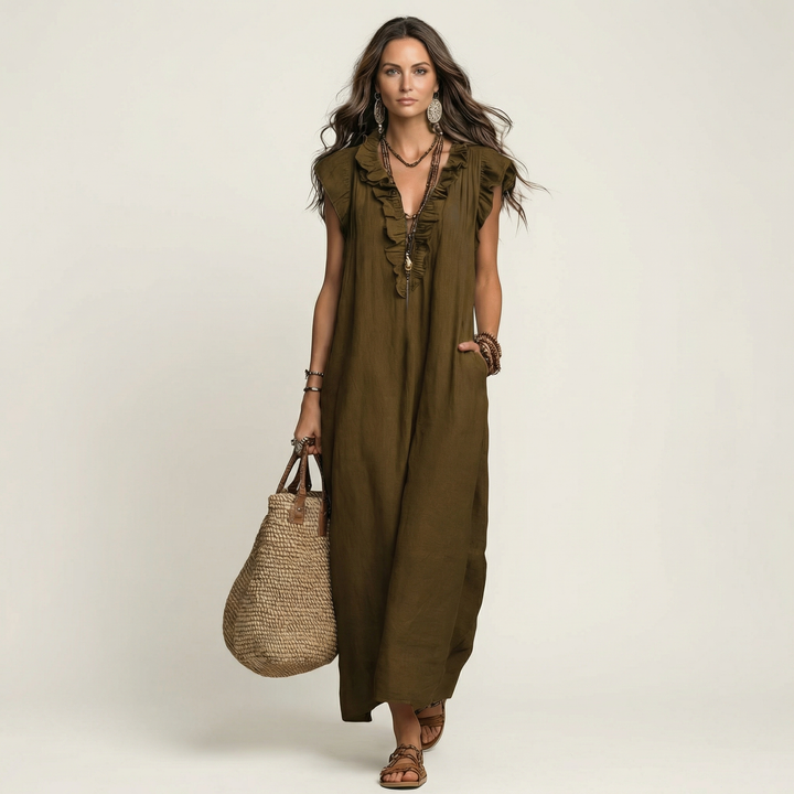 Arabella | Ruffle V-Neck Maxi Kjole