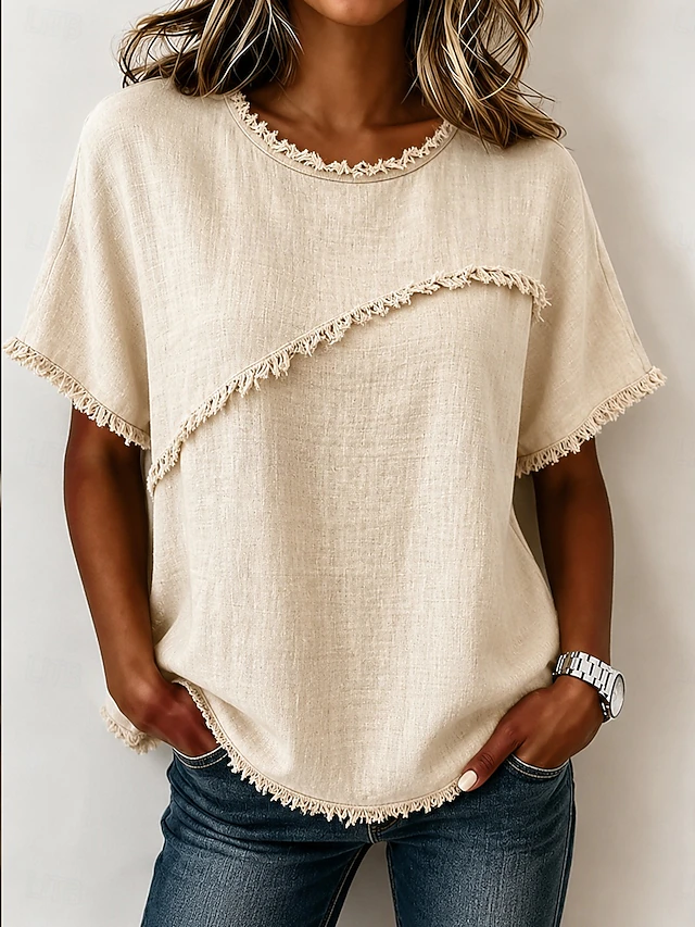 Wendy | Frayed-Trim Rund Hals Top