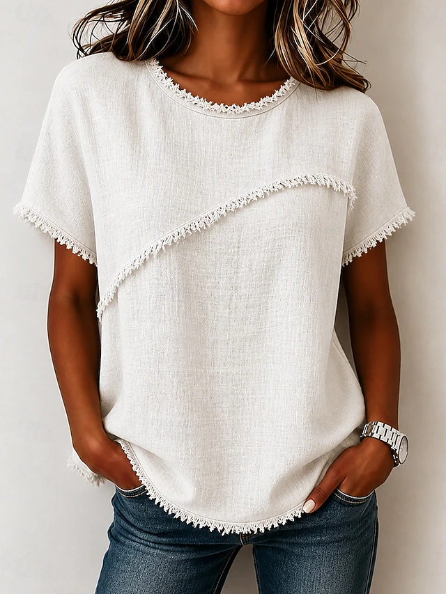 Wendy | Frayed-Trim Rund Hals Top